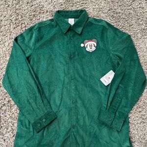 Disney Santa Mickey Mouse Christmas Green Corduroy Button Down Shirt Adult Lg